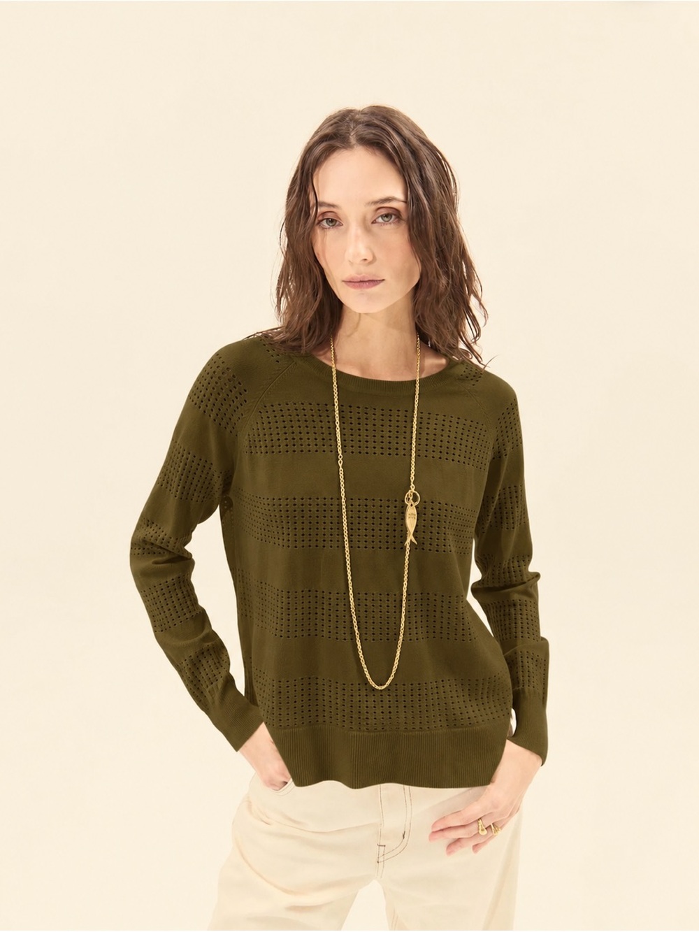 Deluc Creta Sweater Perforated knit Army Green Long Sleeve S $70 Jcrew style